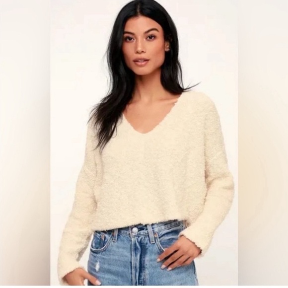 Free People | Cream Textured Knit Cropped Boxy Popcorn Pullover - Picture 2 of 15